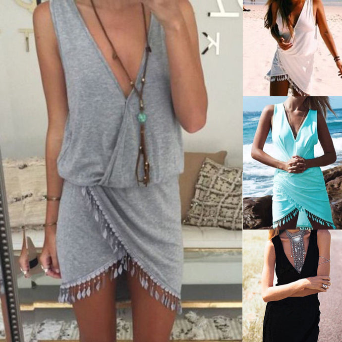 Sexy Bikini Cover Up Women Deep V-neck Beach Dress with Tassel Beachwear Swimwear Solid Tunic Sarong Summer Dress