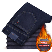 Charger l&#39;image dans la galerie, 2020 Winter New Men&#39;s Warm Slim Fit Jeans Business Fashion Thicken Denim Trousers Fleece Stretch Brand Pants Black Blue