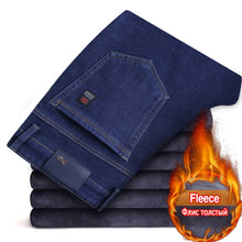 Charger l&#39;image dans la galerie, 2020 Winter New Men&#39;s Warm Slim Fit Jeans Business Fashion Thicken Denim Trousers Fleece Stretch Brand Pants Black Blue