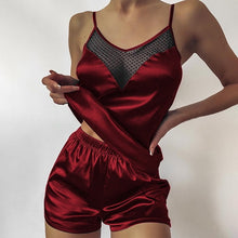 Load image into Gallery viewer, Satin Pajamas Sexy Lace Pijama Nightie Sleepwear Home Clothes Tops and Shorts Women&#39;s Silk Pajamas Solid Color Pajama Set Women