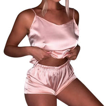 Load image into Gallery viewer, Satin Pajamas Sexy Lace Pijama Nightie Sleepwear Home Clothes Tops and Shorts Women&#39;s Silk Pajamas Solid Color Pajama Set Women