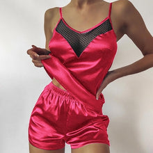 Load image into Gallery viewer, Satin Pajamas Sexy Lace Pijama Nightie Sleepwear Home Clothes Tops and Shorts Women&#39;s Silk Pajamas Solid Color Pajama Set Women
