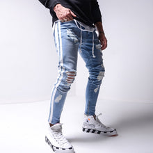 Charger l&#39;image dans la galerie, Skinny ripped jeans men Pants Pencil Biker Side Striped Jeans Destroyed Hole Hip Hop Slim Fit Man Scratched Jean Hombre Pantalon