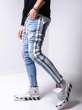 Charger l&#39;image dans la galerie, Skinny ripped jeans men Pants Pencil Biker Side Striped Jeans Destroyed Hole Hip Hop Slim Fit Man Scratched Jean Hombre Pantalon