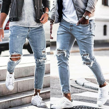 Charger l&#39;image dans la galerie, Skinny ripped jeans men Pants Pencil Biker Side Striped Jeans Destroyed Hole Hip Hop Slim Fit Man Scratched Jean Hombre Pantalon