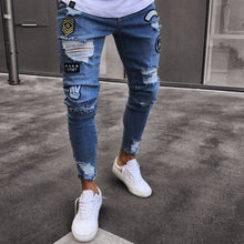 Charger l&#39;image dans la galerie, Skinny ripped jeans men Pants Pencil Biker Side Striped Jeans Destroyed Hole Hip Hop Slim Fit Man Scratched Jean Hombre Pantalon