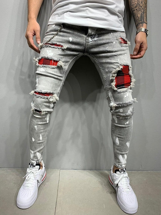 2021 New Men's Slim-Fit Ripped Jeans Men's Painted Jeans Patch Beggar Pants Jumbo Men's Hip Hop Pants Size S-4XL