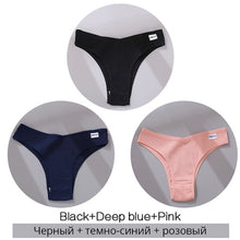 Charger l&#39;image dans la galerie, FINETOO Cotton Brazilian Panties Women Sexy V Waist G-String Underwear Female T-back Underpants M-XL Lady Bikini Panty 3Pcs/set