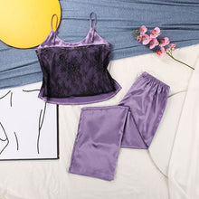 Charger l&#39;image dans la galerie, HiLoc Backless Satin Sexy Pajamas Black Lace Pajamas With Pants Loose Spaghetti Strap Intimate Lingerie Sleepwear Women Pj Set