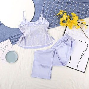 HiLoc Backless Satin Sexy Pajamas Black Lace Pajamas With Pants Loose Spaghetti Strap Intimate Lingerie Sleepwear Women Pj Set
