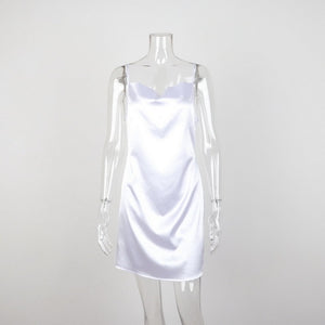 Muyogrt Sexy White Satin Party Dress Night Club Women Sleeveless Summer Bodycon Dress Female Spaghetti Strap Vintage Mini Dress