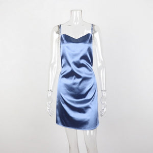Muyogrt Sexy White Satin Party Dress Night Club Women Sleeveless Summer Bodycon Dress Female Spaghetti Strap Vintage Mini Dress