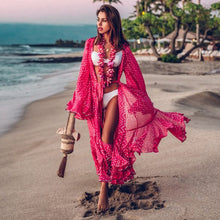 Cargar imagen en el visor de la galería, Vestido de playa 2021, Bikini tipo pareo, traje de baño estampado, Kimono para mujer, túnica de talla grande, traje de baño Sexy de manga larga, pareos
