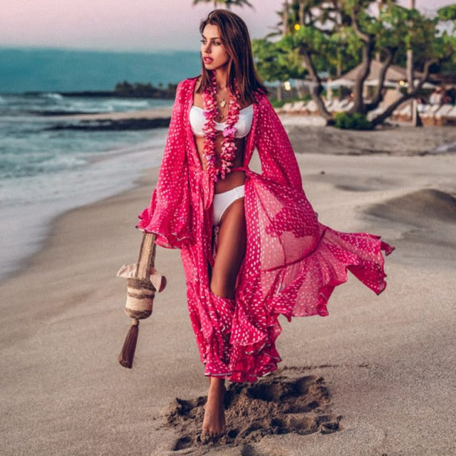 Vestido de playa 2021, Bikini tipo pareo, traje de baño estampado, Kimono para mujer, túnica de talla grande, traje de baño Sexy de manga larga, pareos
