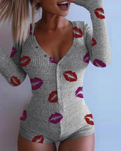 Cargar imagen en el visor de la galería, ¡Novedad de primavera 2021! Pelele de punto para mujer, ropa de casa, bonito pijama de manga larga con cuello en V profundo, mono con botones y patrón de estrellas para mujer