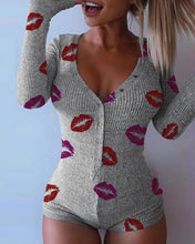 Cargar imagen en el visor de la galería, ¡Novedad de primavera 2021! Pelele de punto para mujer, ropa de casa, bonito pijama de manga larga con cuello en V profundo, mono con botones y patrón de estrellas para mujer