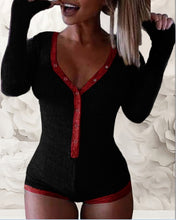 Cargar imagen en el visor de la galería, ¡Novedad de primavera 2021! Pelele de punto para mujer, ropa de casa, bonito pijama de manga larga con cuello en V profundo, mono con botones y patrón de estrellas para mujer