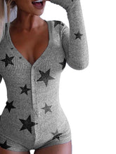 Cargar imagen en el visor de la galería, ¡Novedad de primavera 2021! Pelele de punto para mujer, ropa de casa, bonito pijama de manga larga con cuello en V profundo, mono con botones y patrón de estrellas para mujer