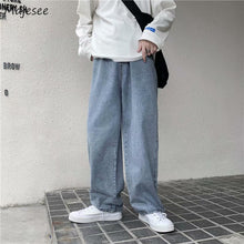 Charger l&#39;image dans la galerie, Men Jeans Solid Drawstring Denim Full Length Straight Loose Males All-match Trendy Punk Baggy Retro Leisure Chic Cowboy Trousers