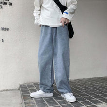 Charger l&#39;image dans la galerie, Men Jeans Solid Drawstring Denim Full Length Straight Loose Males All-match Trendy Punk Baggy Retro Leisure Chic Cowboy Trousers