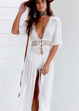 Charger l&#39;image dans la galerie, Bikini Cover Up Beach Long Maxi Dress Women Beach Cover Up Tunic Pareo White V Neck Dress Robe Swimwear Bathing Suit Beachwear