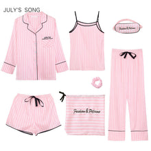 Load image into Gallery viewer, JULY&#39;S SONG Pink 7 Pieces Women&#39;s Pajamas Sets Faux Silk Striped Pyjama Women&#39;s Pajamas Sleepwear Sets Spring Summer Homewear