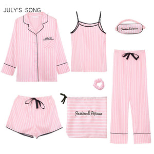 JULY'S SONG Pink 7 Pieces Women's Pajamas Sets Faux Silk Striped Pyjama Women's Pajamas Sleepwear Sets Spring Summer Homewear