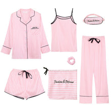 Load image into Gallery viewer, JULY&#39;S SONG Pink 7 Pieces Women&#39;s Pajamas Sets Faux Silk Striped Pyjama Women&#39;s Pajamas Sleepwear Sets Spring Summer Homewear