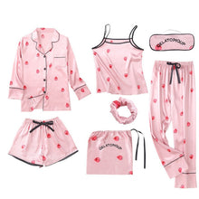 Load image into Gallery viewer, JULY&#39;S SONG Pink 7 Pieces Women&#39;s Pajamas Sets Faux Silk Striped Pyjama Women&#39;s Pajamas Sleepwear Sets Spring Summer Homewear