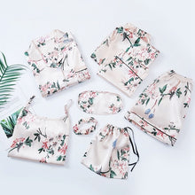Load image into Gallery viewer, JULY&#39;S SONG Pink 7 Pieces Women&#39;s Pajamas Sets Faux Silk Striped Pyjama Women&#39;s Pajamas Sleepwear Sets Spring Summer Homewear