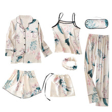 Load image into Gallery viewer, JULY&#39;S SONG Pink 7 Pieces Women&#39;s Pajamas Sets Faux Silk Striped Pyjama Women&#39;s Pajamas Sleepwear Sets Spring Summer Homewear