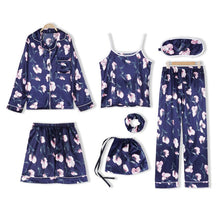 Load image into Gallery viewer, JULY&#39;S SONG Pink 7 Pieces Women&#39;s Pajamas Sets Faux Silk Striped Pyjama Women&#39;s Pajamas Sleepwear Sets Spring Summer Homewear