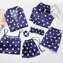 Load image into Gallery viewer, JULY&#39;S SONG Pink 7 Pieces Women&#39;s Pajamas Sets Faux Silk Striped Pyjama Women&#39;s Pajamas Sleepwear Sets Spring Summer Homewear