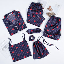 Load image into Gallery viewer, JULY&#39;S SONG Pink 7 Pieces Women&#39;s Pajamas Sets Faux Silk Striped Pyjama Women&#39;s Pajamas Sleepwear Sets Spring Summer Homewear