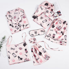 Load image into Gallery viewer, JULY&#39;S SONG Pink 7 Pieces Women&#39;s Pajamas Sets Faux Silk Striped Pyjama Women&#39;s Pajamas Sleepwear Sets Spring Summer Homewear