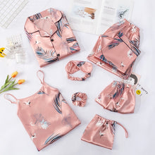 Load image into Gallery viewer, JULY&#39;S SONG Pink 7 Pieces Women&#39;s Pajamas Sets Faux Silk Striped Pyjama Women&#39;s Pajamas Sleepwear Sets Spring Summer Homewear