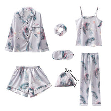 Load image into Gallery viewer, JULY&#39;S SONG Pink 7 Pieces Women&#39;s Pajamas Sets Faux Silk Striped Pyjama Women&#39;s Pajamas Sleepwear Sets Spring Summer Homewear
