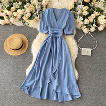 Load image into Gallery viewer, Women Summer Midi French Dress 2021 Sweet V-Neck Puff Sleeve High Waist Elegant Solid Woman Dresses Female Clothing New Year