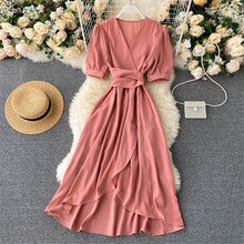 Load image into Gallery viewer, Women Summer Midi French Dress 2021 Sweet V-Neck Puff Sleeve High Waist Elegant Solid Woman Dresses Female Clothing New Year