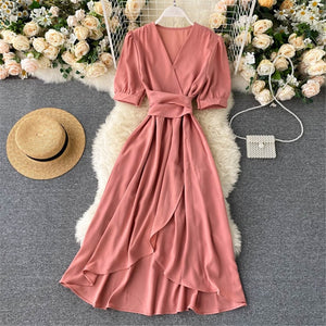 Women Summer Midi French Dress 2021 Sweet V-Neck Puff Sleeve High Waist Elegant Solid Woman Dresses Female Clothing New Year