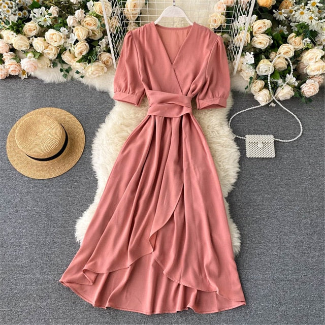 Women Summer Midi French Dress 2021 Sweet V-Neck Puff Sleeve High Waist Elegant Solid Woman Dresses Female Clothing New Year