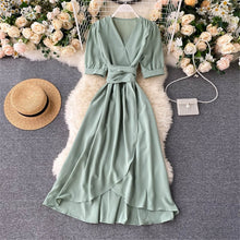 Load image into Gallery viewer, Women Summer Midi French Dress 2021 Sweet V-Neck Puff Sleeve High Waist Elegant Solid Woman Dresses Female Clothing New Year