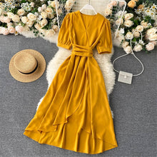 Load image into Gallery viewer, Women Summer Midi French Dress 2021 Sweet V-Neck Puff Sleeve High Waist Elegant Solid Woman Dresses Female Clothing New Year