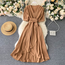 Load image into Gallery viewer, Women Summer Midi French Dress 2021 Sweet V-Neck Puff Sleeve High Waist Elegant Solid Woman Dresses Female Clothing New Year