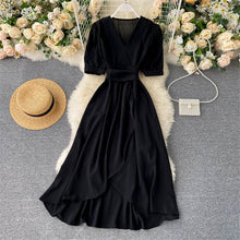 Load image into Gallery viewer, Women Summer Midi French Dress 2021 Sweet V-Neck Puff Sleeve High Waist Elegant Solid Woman Dresses Female Clothing New Year