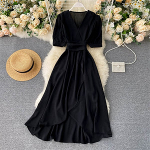 Women Summer Midi French Dress 2021 Sweet V-Neck Puff Sleeve High Waist Elegant Solid Woman Dresses Female Clothing New Year