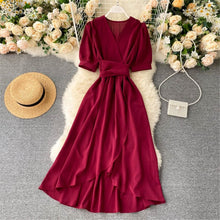 Load image into Gallery viewer, Women Summer Midi French Dress 2021 Sweet V-Neck Puff Sleeve High Waist Elegant Solid Woman Dresses Female Clothing New Year