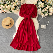 Load image into Gallery viewer, Women Summer Midi French Dress 2021 Sweet V-Neck Puff Sleeve High Waist Elegant Solid Woman Dresses Female Clothing New Year