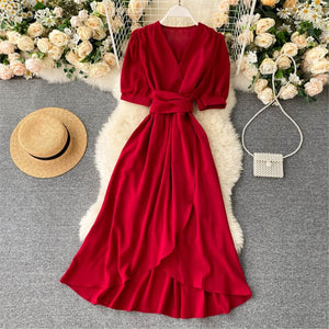 Women Summer Midi French Dress 2021 Sweet V-Neck Puff Sleeve High Waist Elegant Solid Woman Dresses Female Clothing New Year