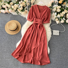 Load image into Gallery viewer, Women Summer Midi French Dress 2021 Sweet V-Neck Puff Sleeve High Waist Elegant Solid Woman Dresses Female Clothing New Year